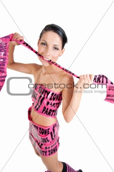 Girl in pink tape dress