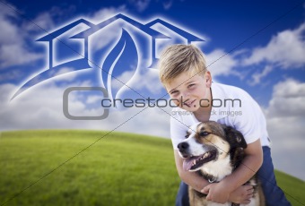 Adorable Boy and His Dog Playing Outside with Ghosted Green House Graphic in The Blue Sky.