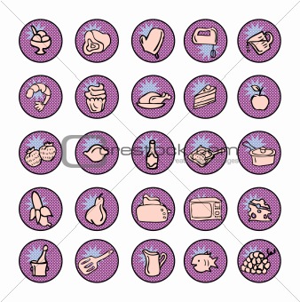 Food Icons and kitchen tools for cooking comic book style
