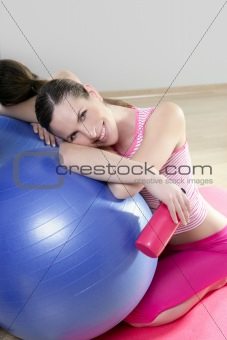aerobics woman pilates ball relax water bottle smiling