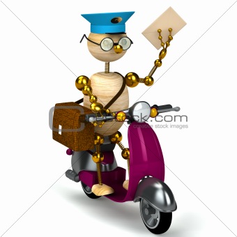 3d wood postman is riding on moped