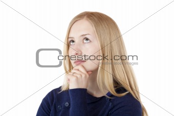 Young beautiful blond woman thinks about problem