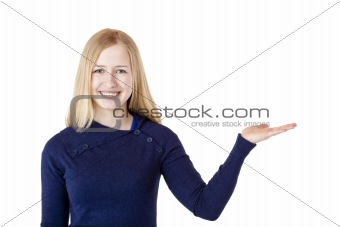  Young beautiful blond woman holds palm with ad space