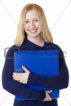 Happy beautiful female woman carrying document folder