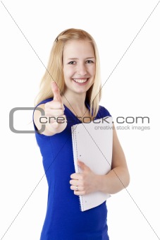 Portrait of young attractive blond student holding a college notepad