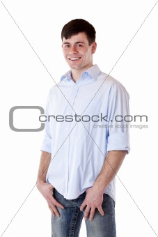 Young attractive casual man smiles happy at camera