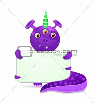 violet smily monster with empty placard