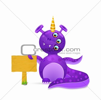 violet smily monster with wooden sign
