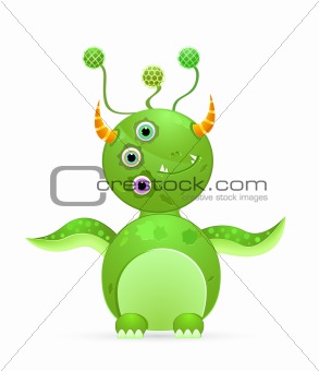 green cute monster with three eyes and horn