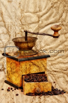 coffee mill and beans in grunge style