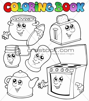 Coloring book with kitchen cartoons