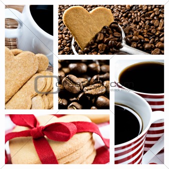 Collage of coffee and heart shaped cookies