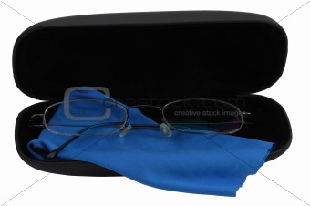 Elegant glasses in black case with blue cleaning cloth