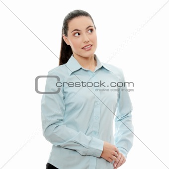 Young pretty businesswoman in white background