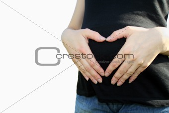 Heart From Hands, pregnant woman on white background