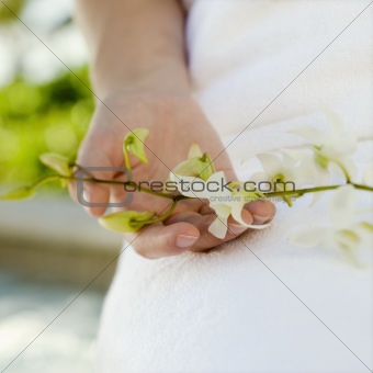 Hand holding orchids.