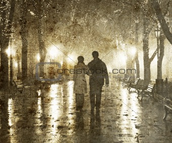 Couple walking at alley in night lights. Photo in vintage yellow