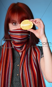 Chill girl in scarf keep lemon instead of eye 