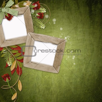grunge wooden frames on the abstract green background 