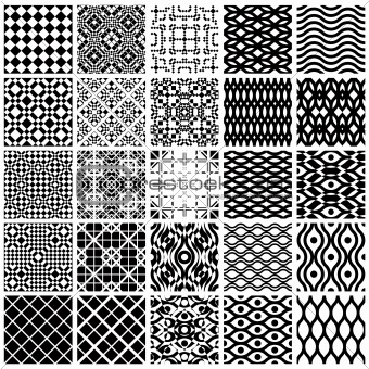 Monochrome geometric seamless patterns set.
