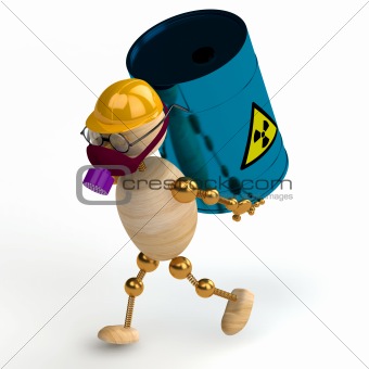 3d wood man with a radioactive waste