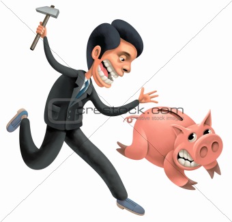 Desperate Businessman with Hammer is persecuting a fat Pig full 