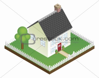 Quaint house with picket fence isometric view