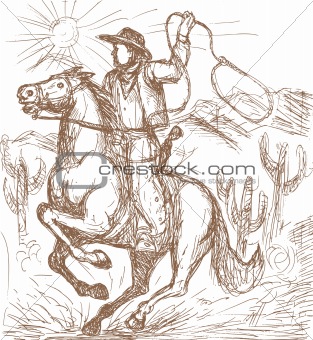 Cowboy with lasso riding a horse 
