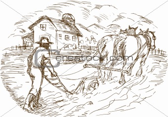 Farmer and horse plowing the field with barn farmhouse 