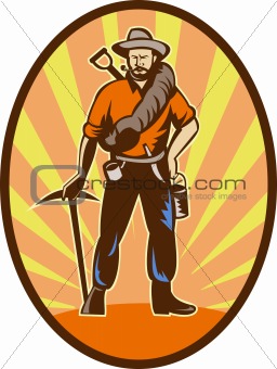 Miner, prospector or gold digger with pick axe and shovel 