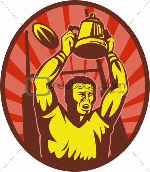 Rugby player raising up championship cup