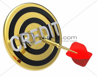 Red dart on a gold target with text on it. The concept of obtaining credit.