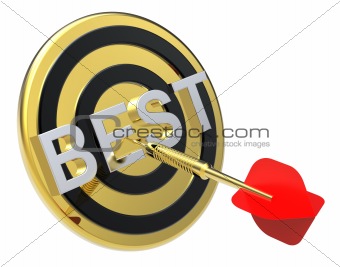 Red dart on a gold target with text on it. The concept of the best reviews and best choice.