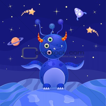 Blue Alien Standing on Planet in Open Space