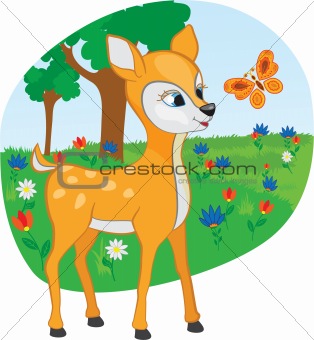 Young deer with a butterfly
