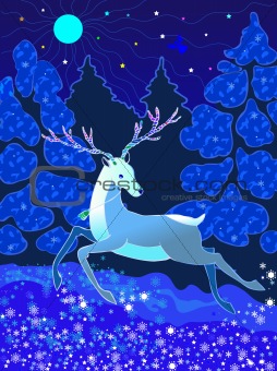 Christmas deer on a winter background with snowflakes