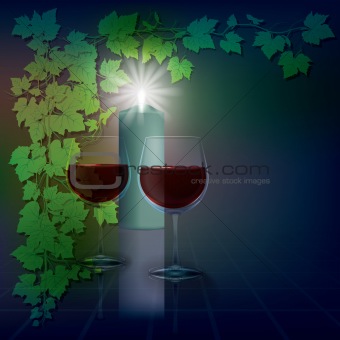 abstract illustration with candles and wineglass on blue
