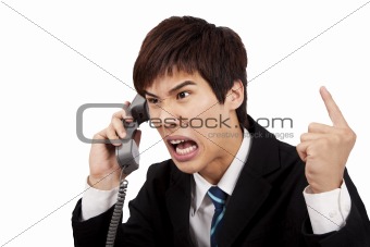 angry businessman screaming on the phone and isolated on white background