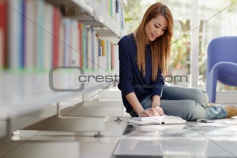 girl studying on floor in library