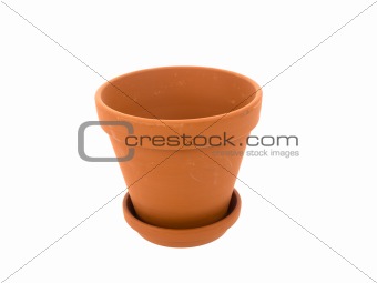 Empty ceramic flowerpot with dish on a white background