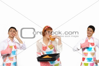 collage. Beautiful cooking woman and chiabatta bread and 2 man