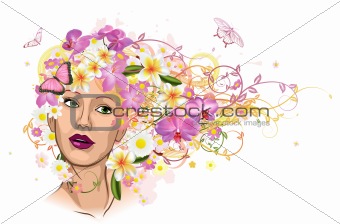 Beautiful woman with hair made of flowers
