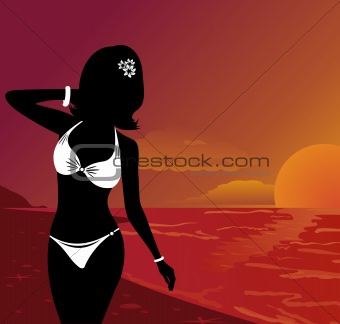 silhouette beautiful girl at sunset on beach