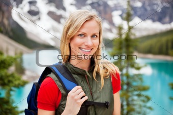 Beautiful female hiker smiling