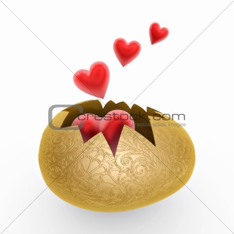 gold eggshell and red hearts