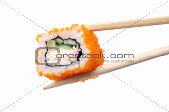 Sushi and chopsticks on white
