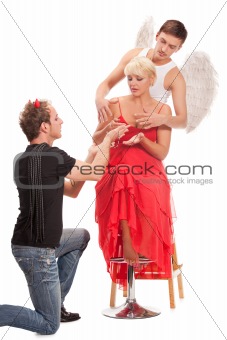 woman  between a beautiful angel and devil