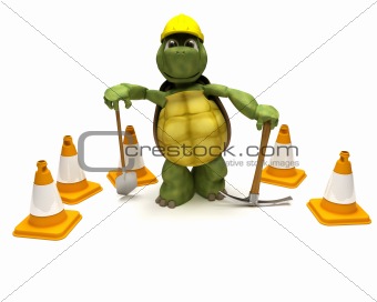 tortoise with a spade and pick axe with hazard cones
