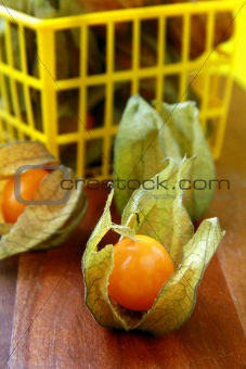 yellow organic physalis on a wooden board