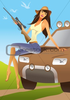 huntress sitting on an offroad car